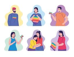 grupo de siete personas con personajes de banderas lgtbi vector