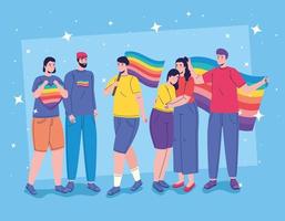 seis personas con personajes de banderas lgtbi vector