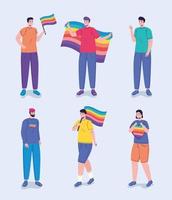 Grupo de seis personas con personajes de banderas lgtbi. vector