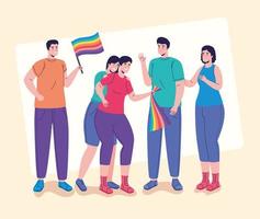 grupo de cinco personas con personajes de banderas lgtbi vector