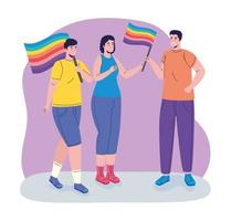 Grupo de tres personas con personajes de banderas lgtbi. vector