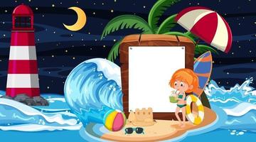 Niños de vacaciones en la escena nocturna de la playa con una plantilla de banner vacía vector