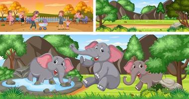 Set of outdoor panoramic landscape with cartoon character vector