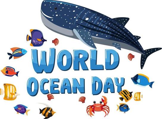 World Ocean Day banner with many different sea animals on white background