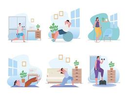 People doing exercise at home icon collection vector design