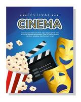 Cinema clapboard popcorn and masks vector design