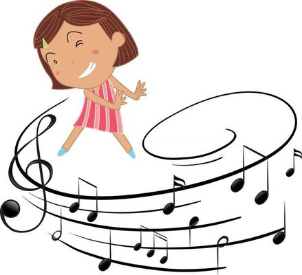 Cartoon character of a dancer girl with musical melody symbols