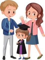 Happy little girl in graduation costume with her parents vector