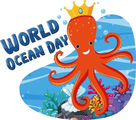 World Ocean Day banner with cute octopus cartoon character