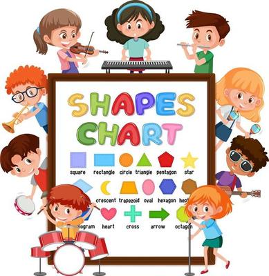 Shapes chart board with many kids doing different activities