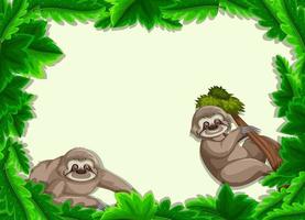 Empty banner with tropical leaves frame and sloth cartoon character vector