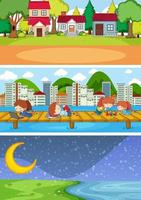 Set of different horizon scenes background with doodle kids cartoon character vector