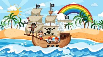 playa con barco pirata en la escena diurna en estilo de dibujos animados vector