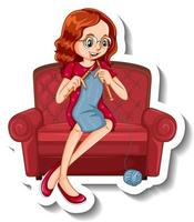 A sticker template with a woman knitting and sitting on sofa vector