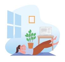Woman doing exercise on mat at home vector design