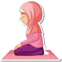 A sticker template with Muslim girl sitting on rug and praying vector