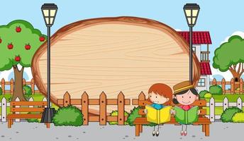 Escena del parque con tabla de madera en blanco en forma ovalada con personaje de dibujos animados de doodle para niños