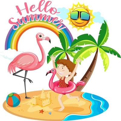 Hello Summer font with a girl and beach items isolated