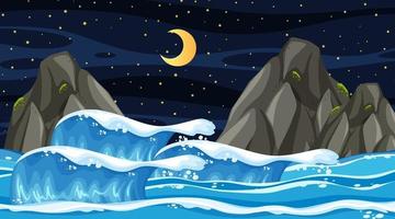 paisaje de playa en la escena nocturna con olas del mar vector