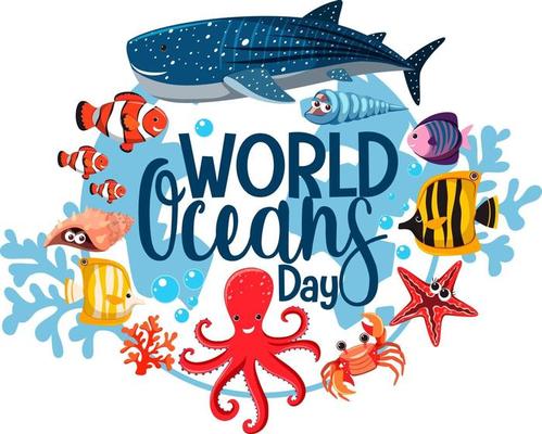 World Ocean Day banner with many different sea animals