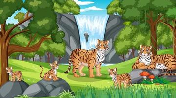 Tiger family in the forest scene with many trees vector