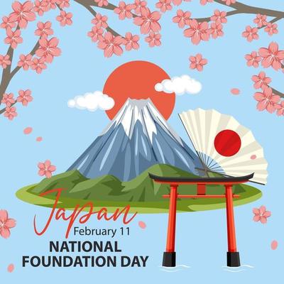 Japan's National Foundation Day banner with Mount Fuji and Torii gate