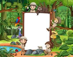 Empty banner with many children and wild animals in the forest scene vector