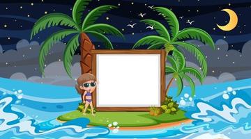 Kids on vacation at the beach night scene with an empty banner template vector