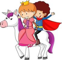 Simple cartoon character of prince and princess riding a unicorn isolated vector