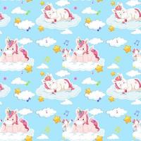 Unicorn seamless pattern with many clouds on blue background vector
