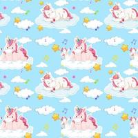 Unicorn seamless pattern with many clouds on blue background vector