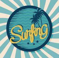 surfing vintage banner with tree palms circular frame vector