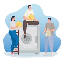 Save money and people with coins bag and strongbox vector design
