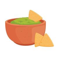 guacamole bowl with nachos icon isolated vector design