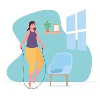 Woman jumping rope at home vector design