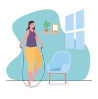 mujer saltando la cuerda en casa diseño vectorial vector