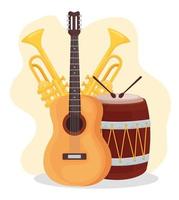guitar trumpets and drum instrument icon vector design