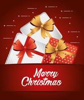 Feliz tarjeta de letras de feliz navidad con regalos y arcos dorados vector