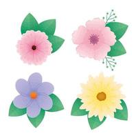 bundle of four beautiful flowers and leafs decorative icons vector