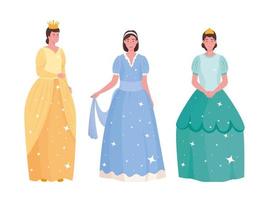 diseño de vector de dibujos animados de princesas de cuento de hadas y reina