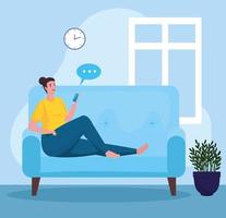 woman using smartphone for meeting online in the sofa vector