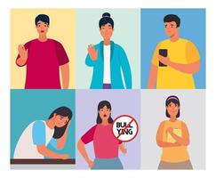 group of persons affected for cyber bullying and stop signal characters vector