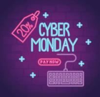 letras de neón del cyber monday con teclado y etiqueta de porcentaje vector