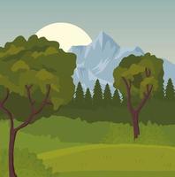 field camp landscape scene with sunset and trees vector
