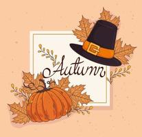 happy thanksgiving celebration lettering card with pumpkin and pilgrim hat vector