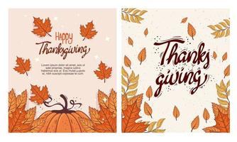 Feliz celebración de acción de gracias tarjeta de letras con calabaza y hojas de otoño vector