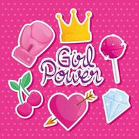 girl power lettering with set icons vector