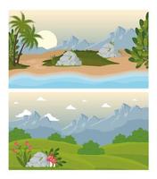 two landscapes scenes with flowers and beach vector