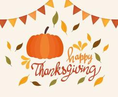 happy thanksgiving celebration lettering card with pumpkin and garlands vector