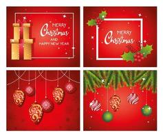 happy merry christmas letterings cards with gifts and balls vector